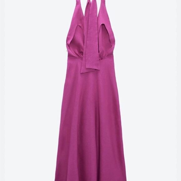 Zara Fushia Purple Linen Blend Halter Maxi Summer Party Wedding Dress - Picture 6 of 16